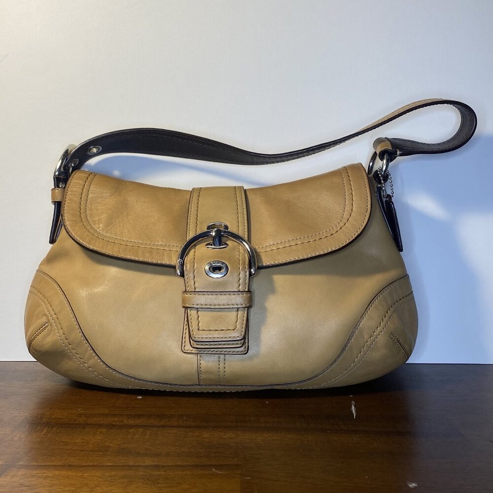 Y2k Coach Soho F12301 Buckle Flap Shoulder Bag Tan Leather